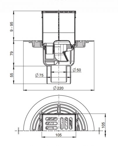 APV2321 Сливной трап 105 × 105/50/75, подводка – прямая, решетка – нержавеющая сталь, гидрозатвор Alca Plast в Тихорецке
